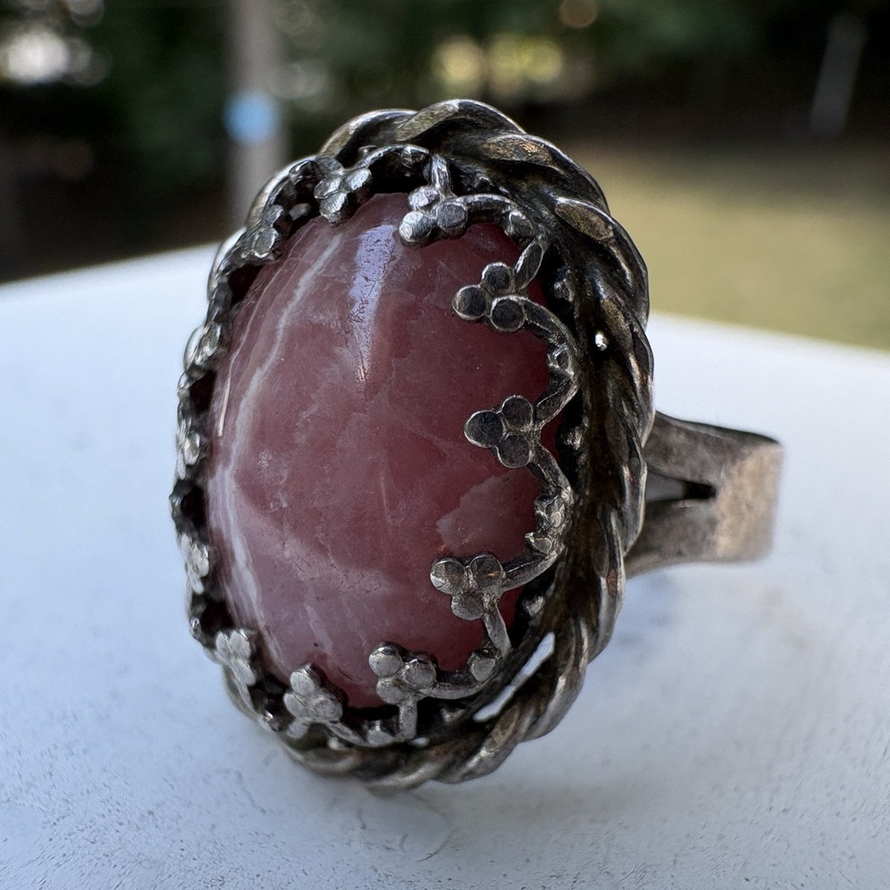 Sterling Silver 925 Pink Rhodochrosite Oval Statement Ring Size 6.75 Vintage
